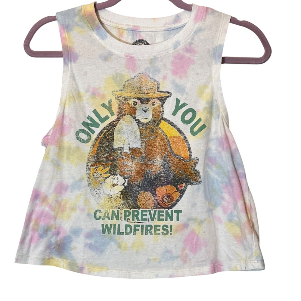 MAD Engine Tie-Dye Smokey Bear Muscle Distressed Crop Tank Size XS Festival